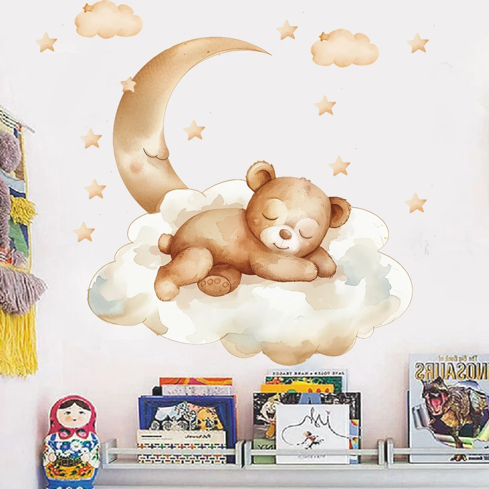 Cute Cartoon Teddy Bear Sleeping on the Moon and Stars Wall Stickers for Kids Bedroom Baby Room Decoration Wall Decals Room