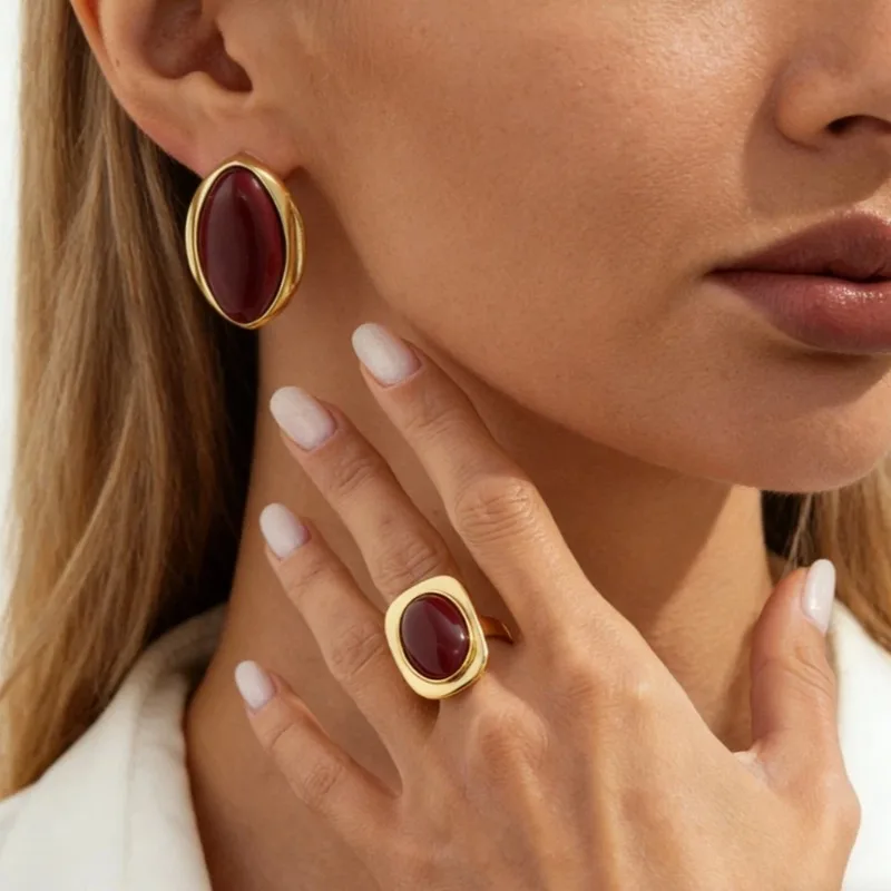 Vintage Bold Red Gem Open Ring Minimalist Geometric Elegant Burgundy Statement Finger Ring Matching Oval Earring Party Jewelry