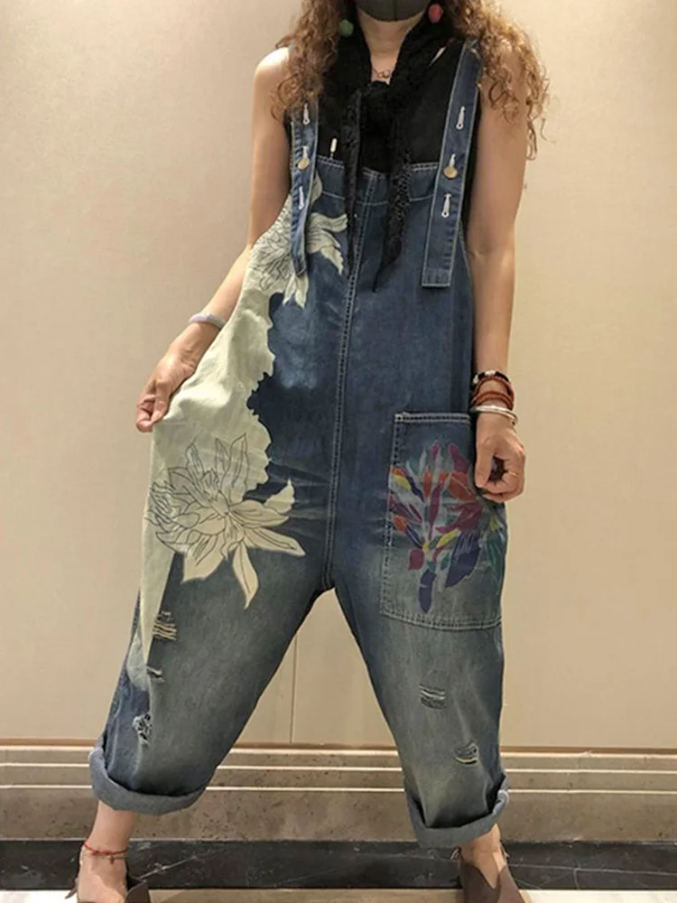 2023 Korean Females Fashion Overalls Ladies Spring Printed Denim Harem Pants Vintage Casual Jeans Womens Loose Vintage Trousers