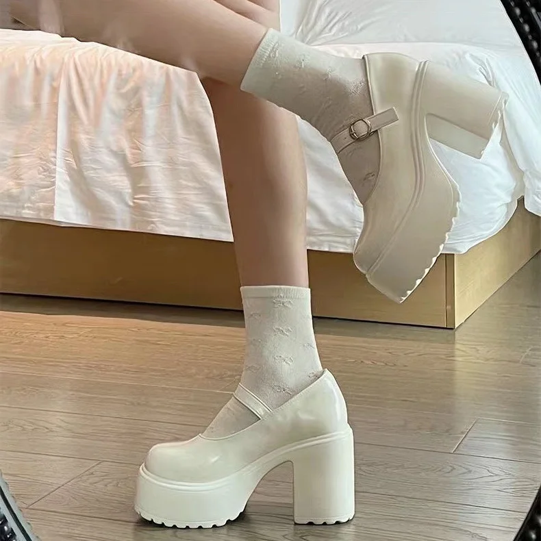 white Women Classic Pumps Fashion Platform Shoes On High Heels Chunky Heel Spring Fashion Mary Jane Punps Buckle Strap School