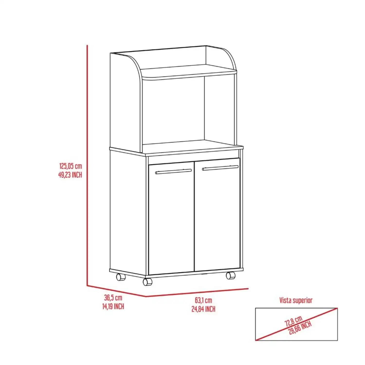 Kira Kitchen Kart, Double Door Cabinet, One Open Shelf, Two Interior Shelves Black