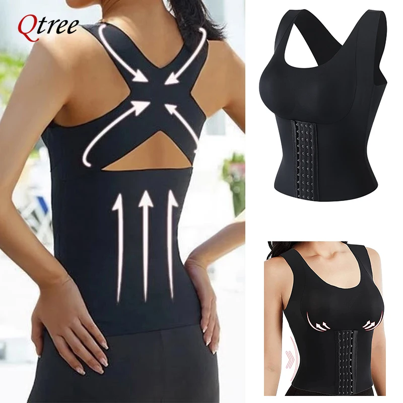 Qtree Slimming Corset Waist Trianer Vest Body Shaper Tummy Control Shapewear for Women Back Support Padded Bra Underwear Belt