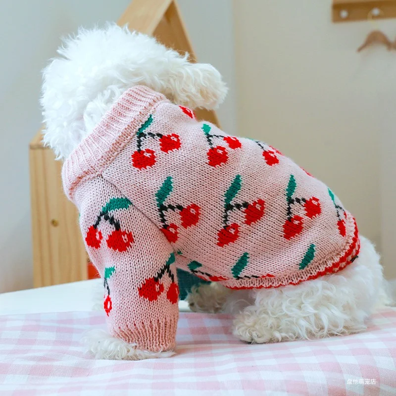 1PC Pet Clothing Cat Autumn Winter Thickened Warm Pink Cherry Elastic Pullover Knitted Sweater Suitable for Small and Medium Dog