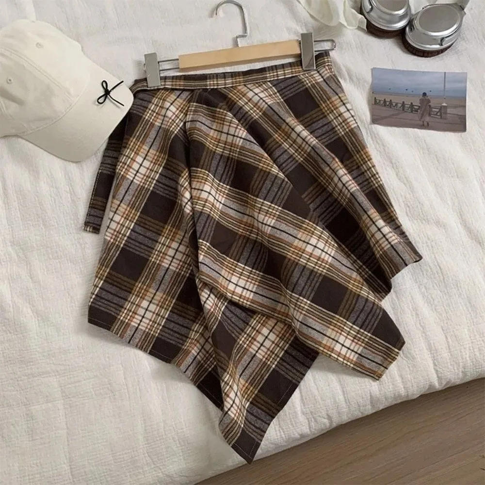 Irregular Plaid Skirt Underskirt Hip-hop Grid Wrap Skirt Lace Up Petticoat A-line Shortskirt American Retro Style