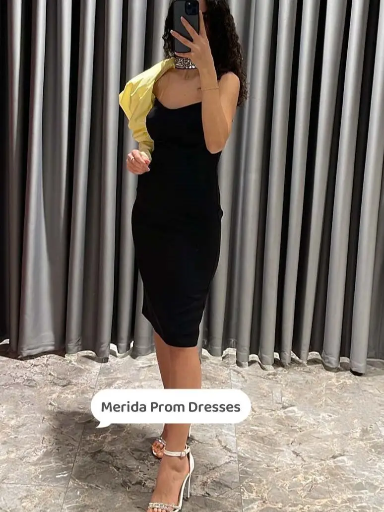 

Merida One Shoulder Crystal Halter Arabia Prom Dresses Sheath Satin Puff Sleeve Knee-Length Elegant Party Dresses For Women 2023