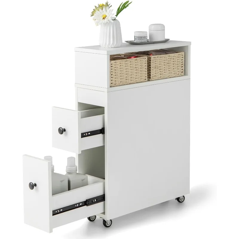 

Slim Bathroom Storage Cabinet, Movable Narrow Toilet Side Cabinet w/2 Slide Out Drawers, 2 Rattan Baskets & Storage Shelves