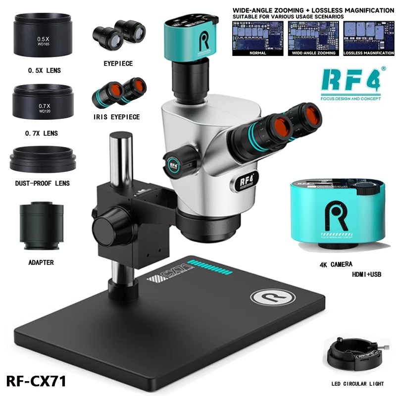 Le microscope trinoculaire double anti-fatigue RF4 CX71 4K avec zoom 6,5-65X offre des détails plus clairs et une efficacité de travail plus élevée