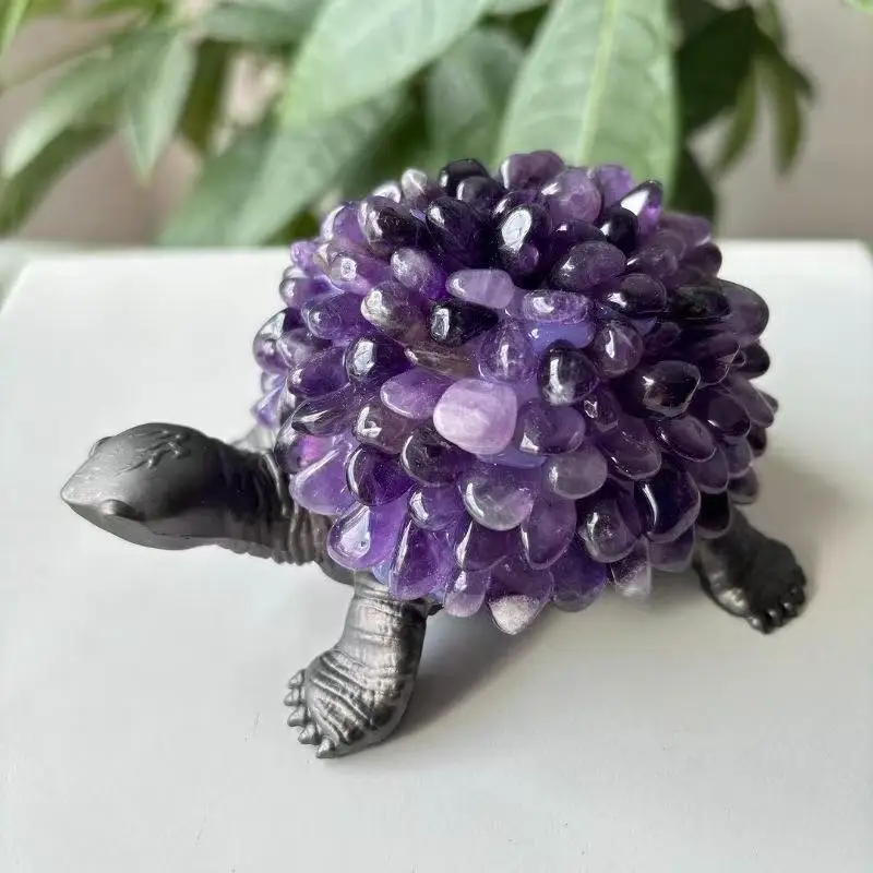 Natural Amethyst Crystal Tortoise Figurine animal statue Hematite Head Feet office study desktop Home Decor