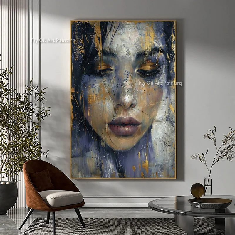Handpainted Modern Blue Gray Figure Canvas Wall Art Gold Foil Cool Woman Portrait Girl Face Oil Painting For Bedroom  Decor