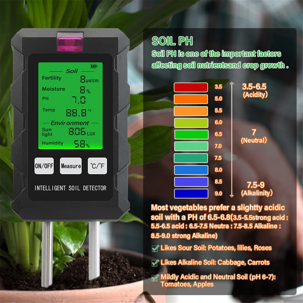 ABKO-6 in 1 Multifunctional Soil Tester Soil Fertility PH Temperature Humidity Sunlight Air Moisture Detector for Gardening