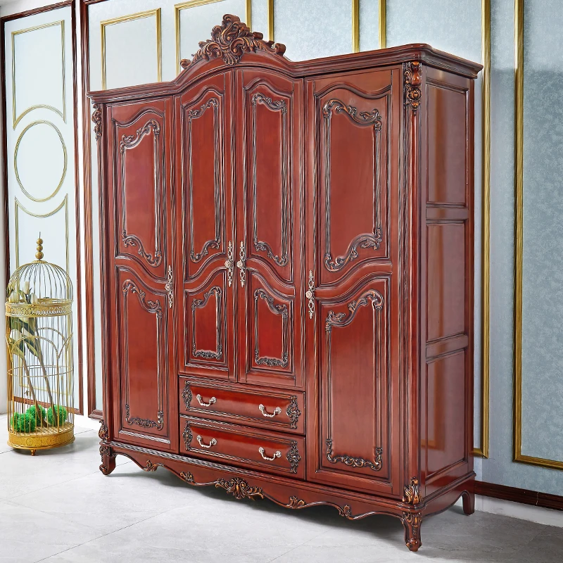 European solid wood wardrobe American villa carved luxury bedroom vintage two-door three-door four-door storage wardrobe