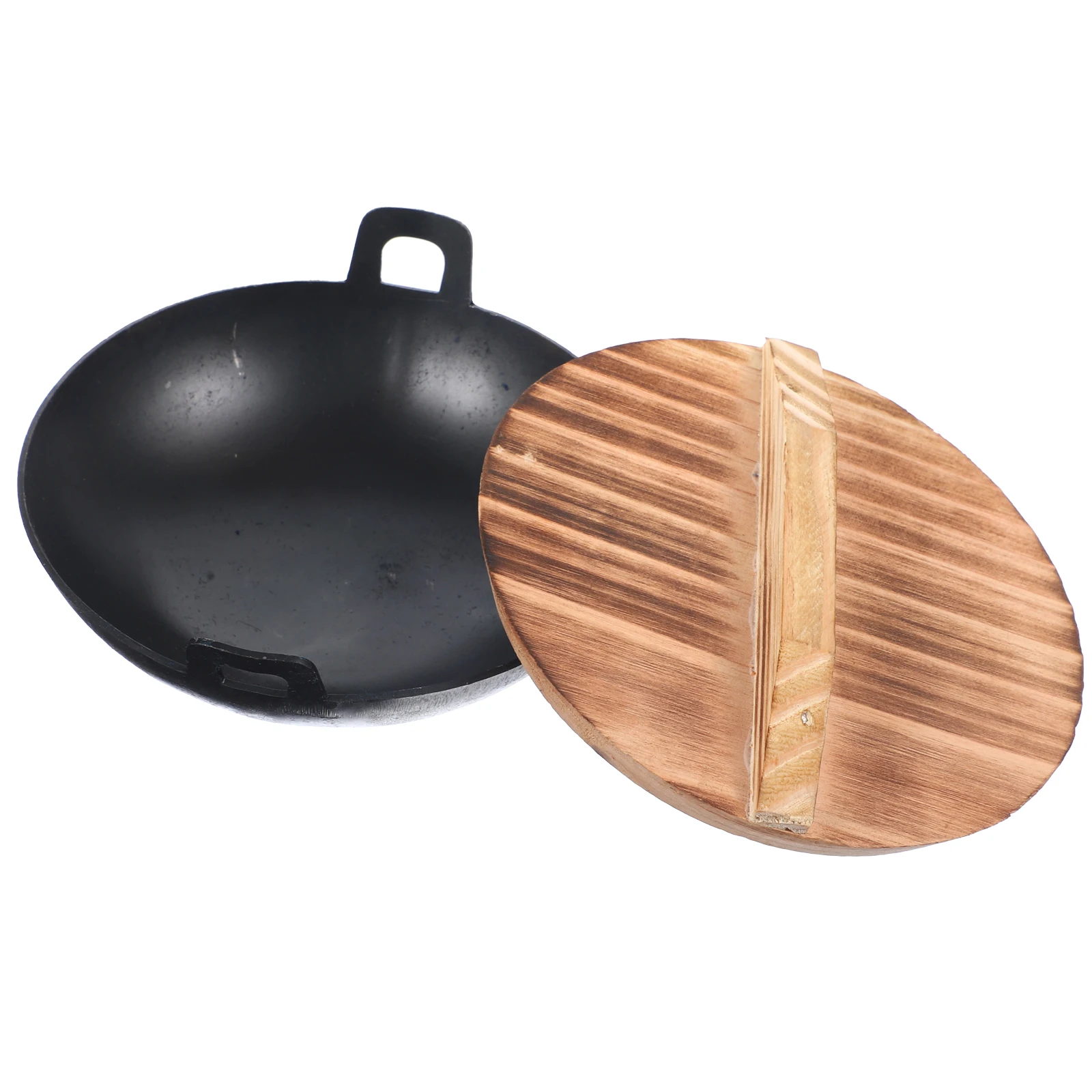 1 conjunto mini wok de ferro com capa de madeira simulação premium ferramenta de cozinha para crianças fingir jogar cozinha mini casa utensílios de cozinha
