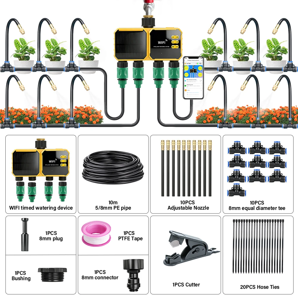 Adjustable Garden Irrigation System Automatic Watering Timer 360° Bendable Misting Spray Nozzles Greenhouse Patio Cooling Kit