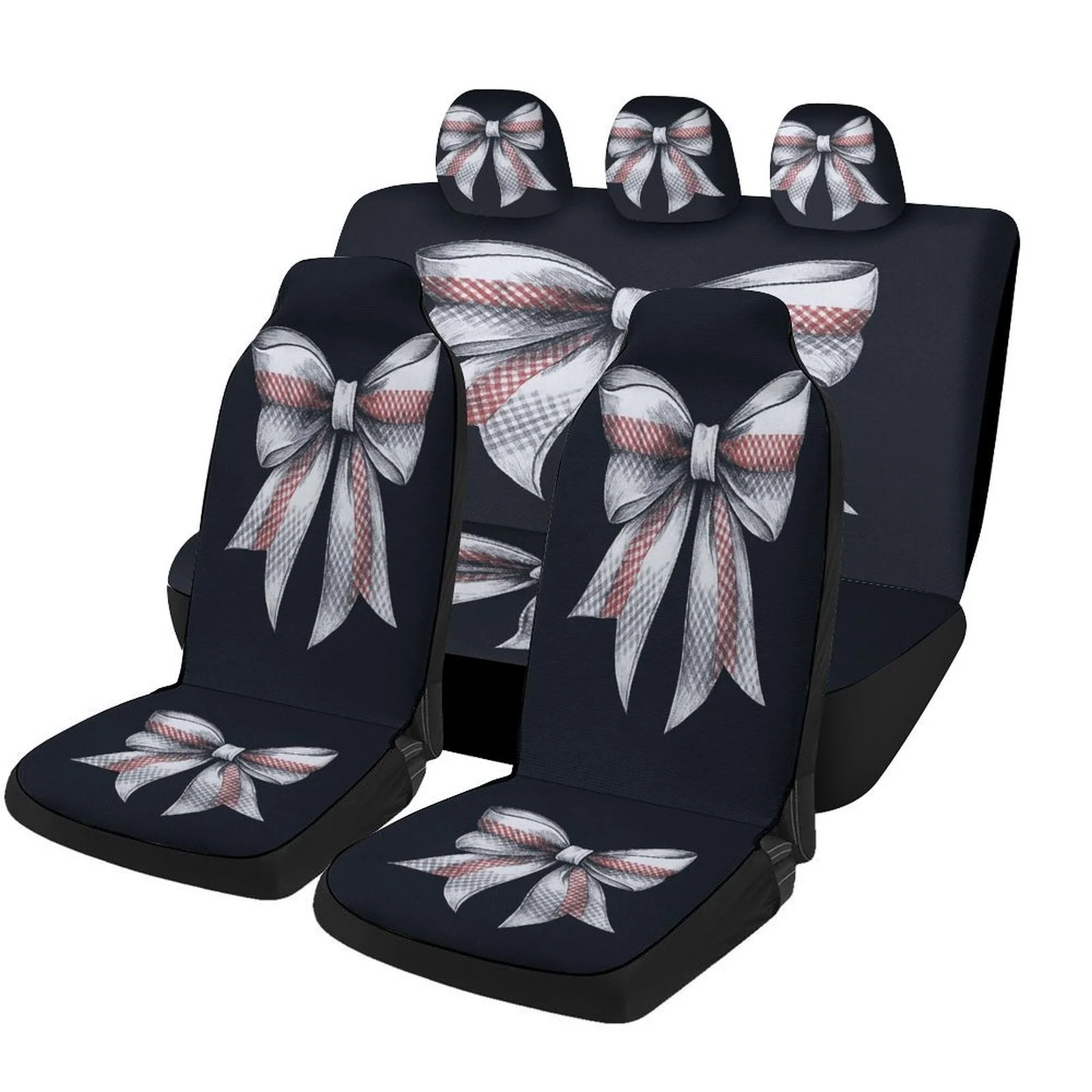 Plaid Bow Tie Themed Car Seat Cover Set - Trendy High-Quality Polyester Full Set For 2 Front & Rear Seats, Ideal For All Seasons