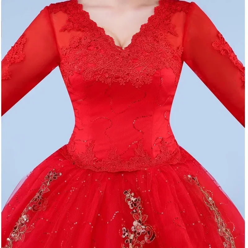 Cheap Red Wedding Dresses Tulle V-neck Half Sleeves Lace up Sequins Bling Floor-length Princess Plus size Bride Ball Gowns XN095