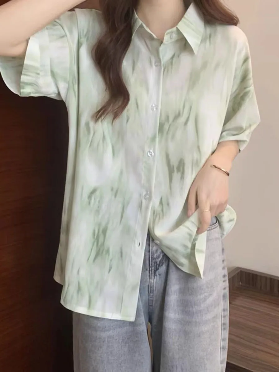 

2025 Summer Women's Chiffon Shirts Print Short Sleeve Polo-neck Blouse Casual Loose Ladies Daily Tops Korean Fashion Clothes