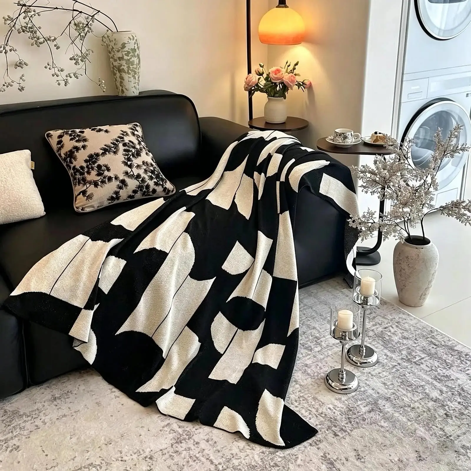 Nordic Abstract Geometric Knit Throw Blanket, Soft Skin‑Friendly Fabric, Stylish Decorative Blanket for Couch Bedroom & Travel
