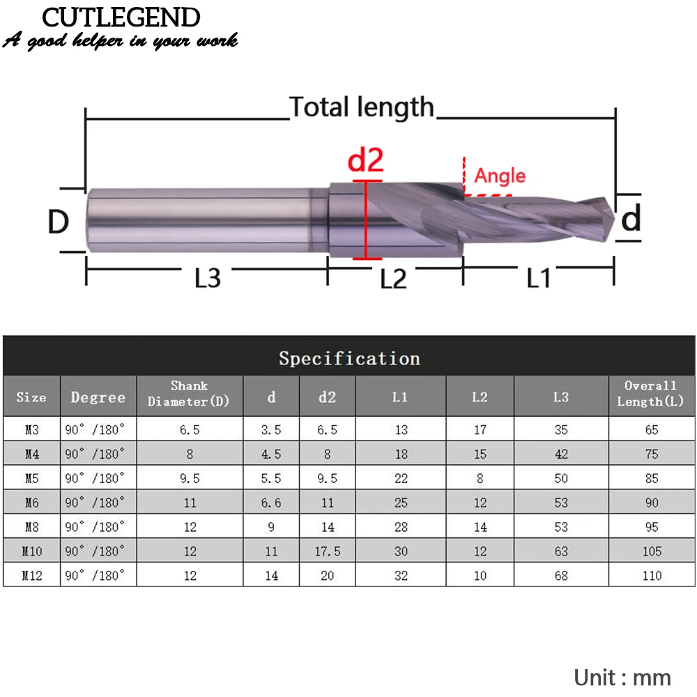 90/180 Degree Carbide Counterbore Twist Step Drill Bit For Aluminum Steel Drilling Hole And Chamfering M3 M4 M5 M6 M8M10 M12