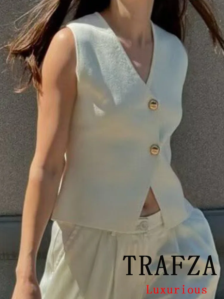 TRAFZA Vintage Casual Chic Women Tops Solid V-Neck Single Breasted Sleeveless Vest New Fashion 2024 Autumn Holiday Female Tops