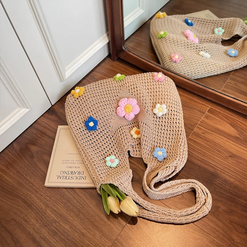 

Floral Knitted Large Capacity Tote Bag Women's Single Shoulder Relaxing Feeling Yarn Handheld 2026 New Style Fresh Sweet Style