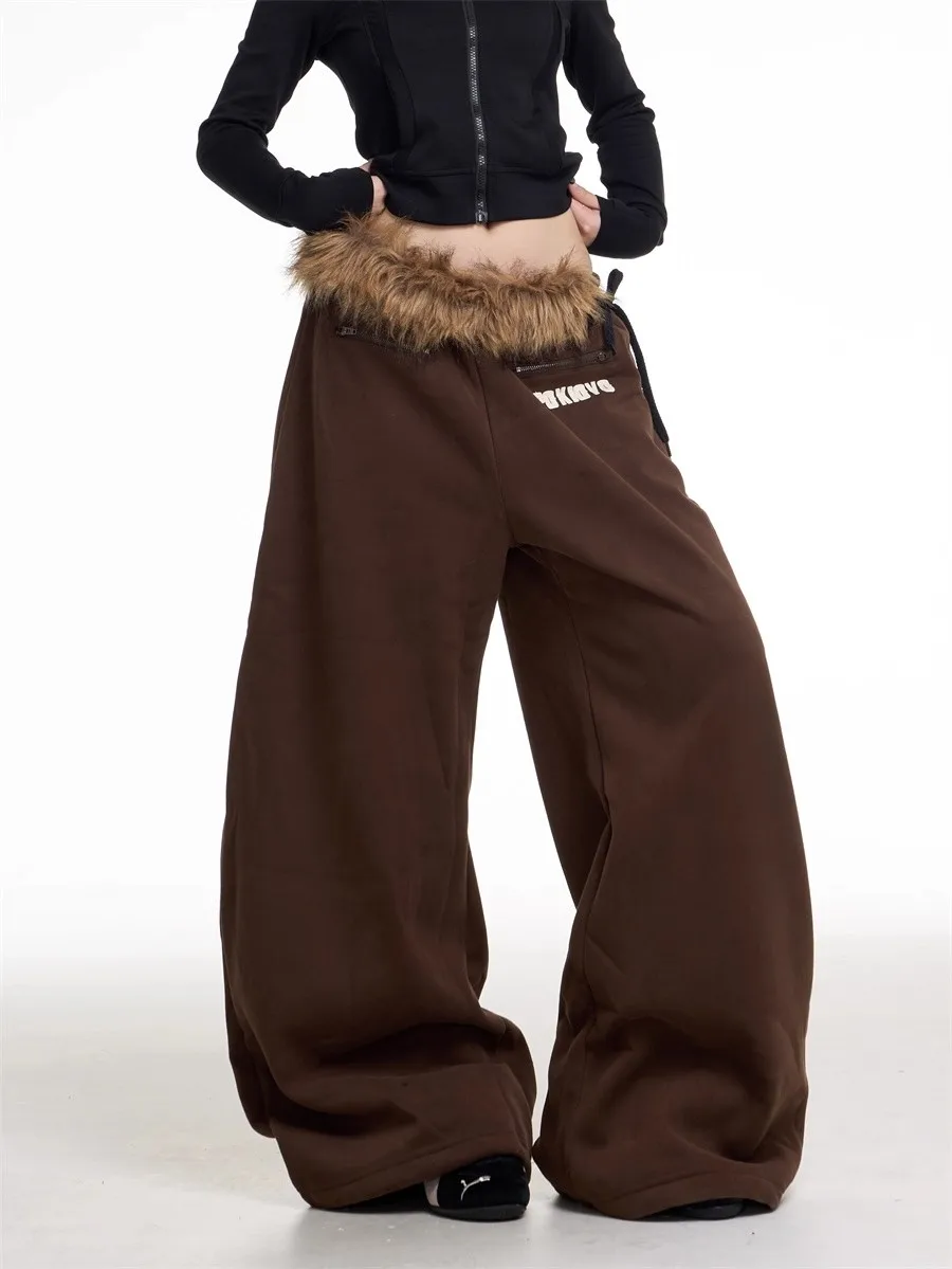 Retro American Spicy Girl Plush Wide Leg Sweatpants Women's Autumn Winter New Style Fleece Loose Drape Dancing Casual Pants T...