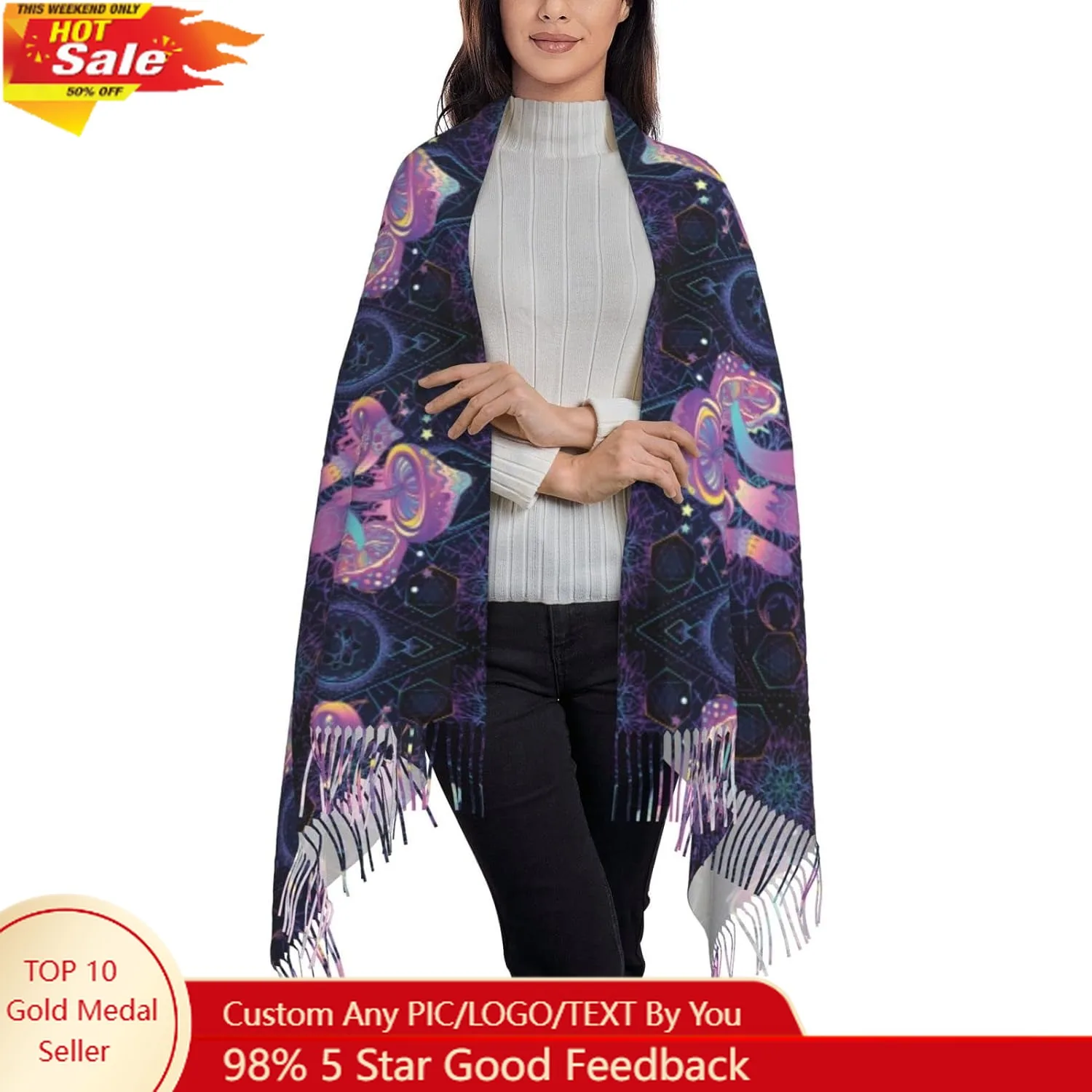 

Magic Mushrooms Psychedelic Art Pattern Scarf Long Shawl Wraps Pashmina for Women Girls with Tassels Soft Warm Cozy
