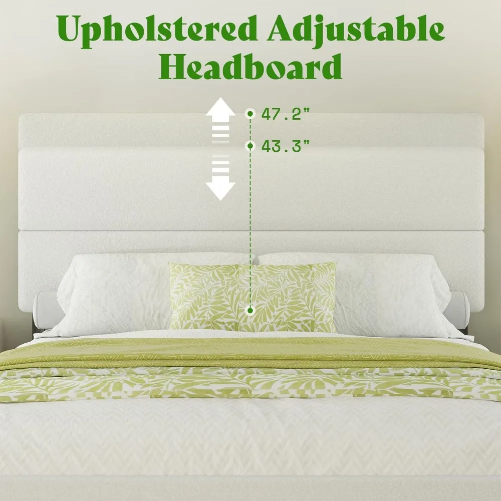 إطار سرير منجد من AMERLIFE بحجم كوين، سرير بمنصة مع لوح رأسي عالي قابل للتعديل 47.3 بوصة وشرائح خشبية قوية، بدون Bo