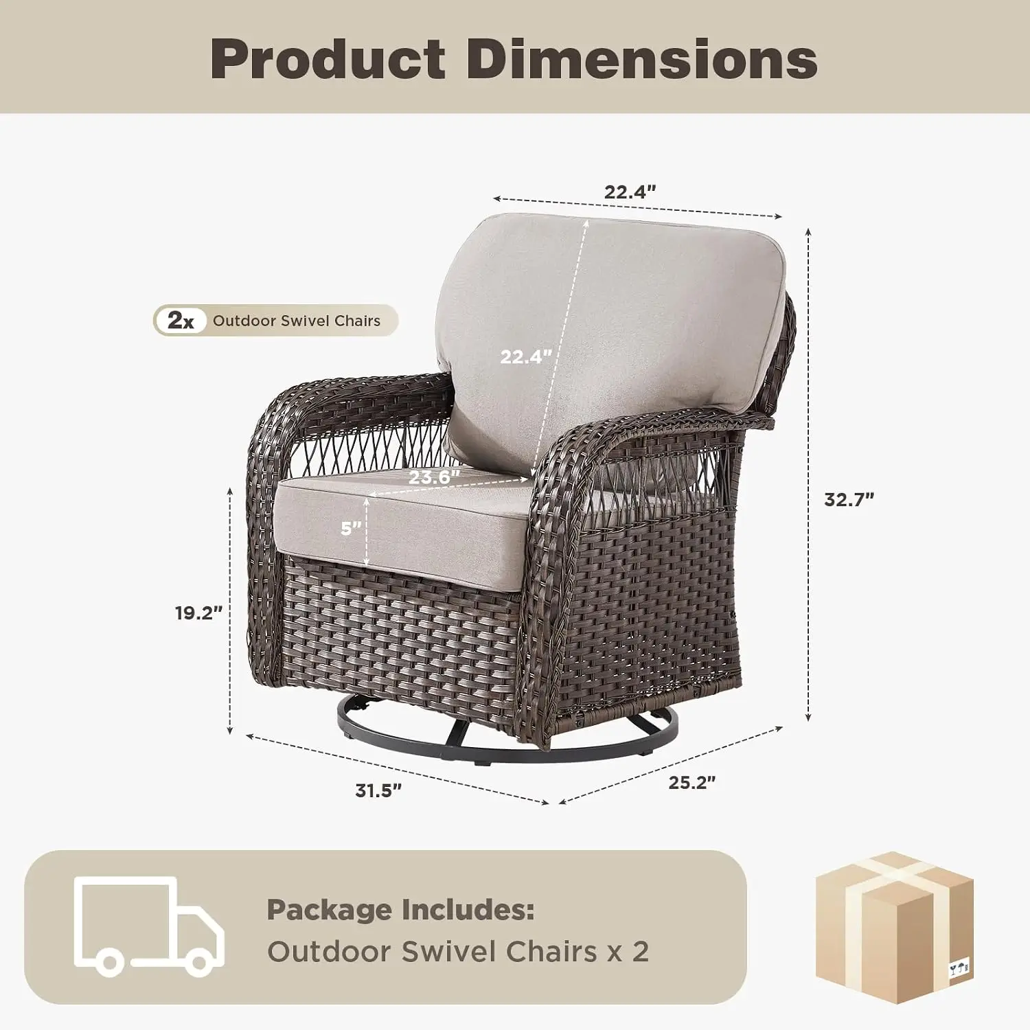 Wicker Swivel Rocker Patio Chair Set of 2 for Deck Porch Garden Outdoor Furniture, Beige, Customized