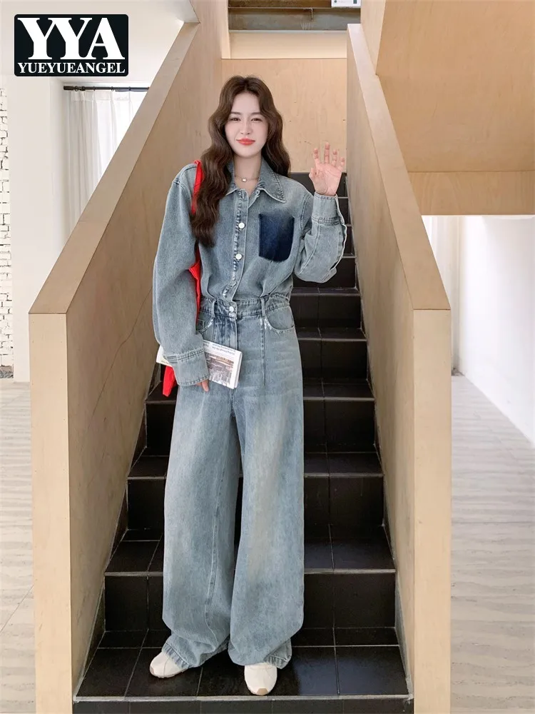 Women Spring Denim Rompers Long Sleeve Hollow Out Casual Single Breasted Wide Leg Jumpsuits Female Vintage Work Cargo Overalls