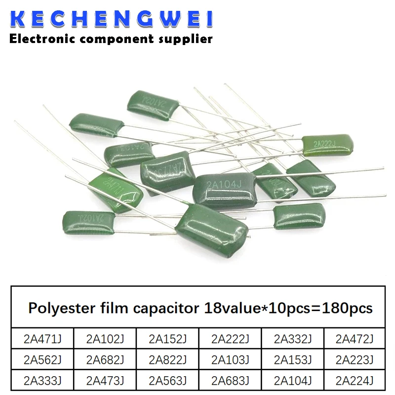 

180pcs=18value*10pcs Polyester film capacitor Assorted Kit contains 2A104J 2A332J 2A472J 2A103J 2A333J 2A473J 2A563J 2A223J