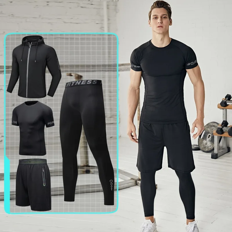 

4pcs Fitness Running Sportswear Set Short Sleeve Top Shorts Leggings Breathable Sweat-Absorbent Pockets for