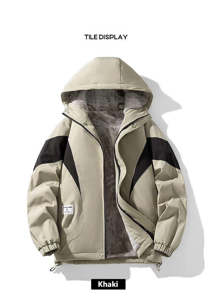 2024 New Winter Plush Thick Jacket for Men's Fashion, Versatile, Loose, Windproof, Warm, Contrast Color Casual Hooded Jacket