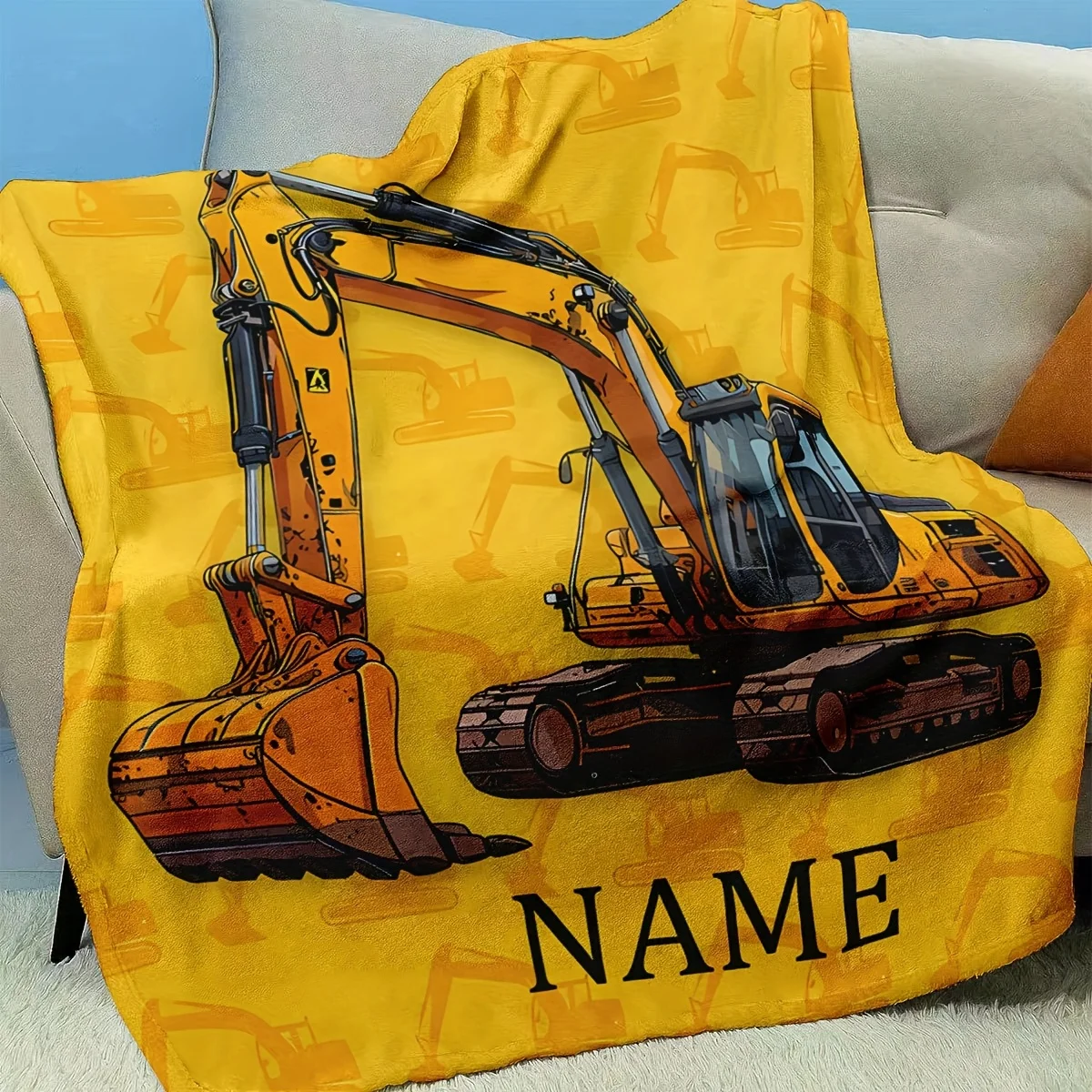 1pc Ultra-Soft Flannel Custom Name Excavator Pattern Boys & Girls Shawl Blanket - Cozy, Warm, Multi-Purpose Gift for Birthdays,