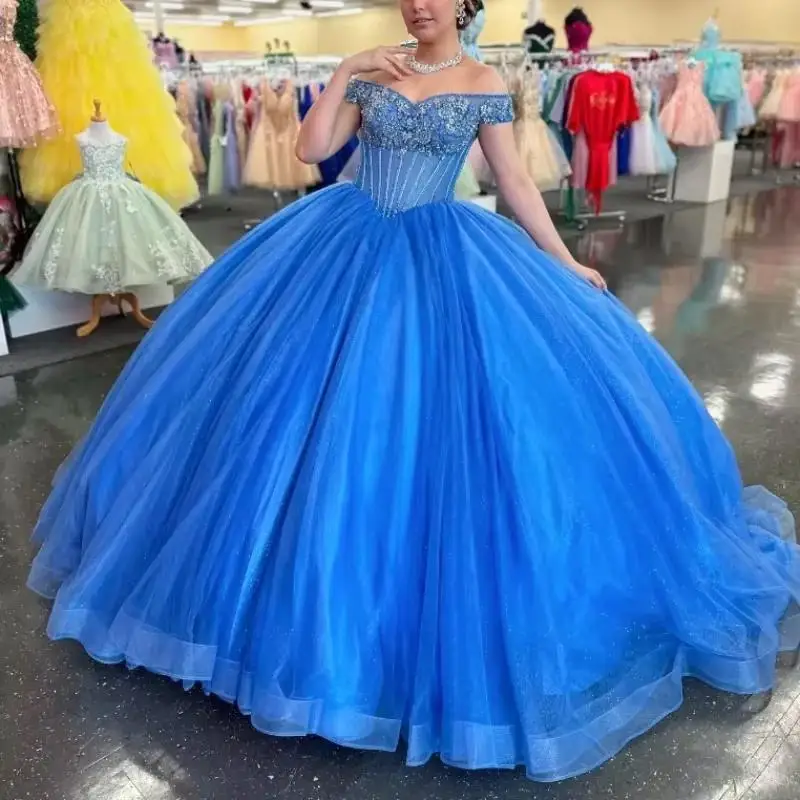 

Customized Shiny Sky Blue Princess Quinceanera Dress Gillter Beads Crystal Popular Spring Birthday Party vestidos de 15 años