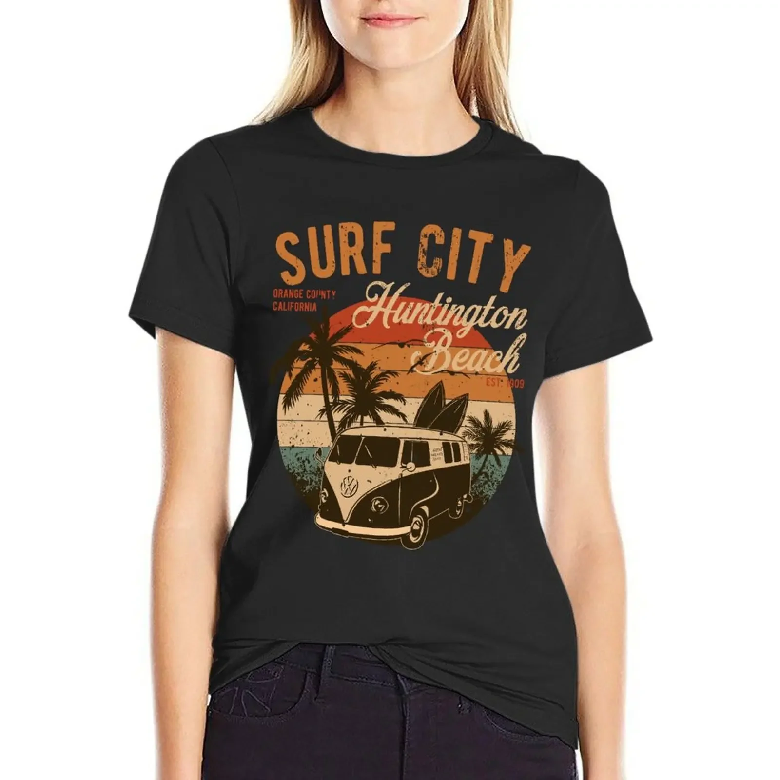 

Vintage Surf City Huntington Beach Orange County California 2 Sided Distressed Surf Badge T-Shirt quick-drying Women's tops