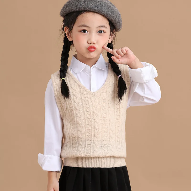 Children retro 100% Pure wool Sweater Knitted sleeveless vest V-neck pullover Sweater Boys girl Fashion stripes Children Sweater