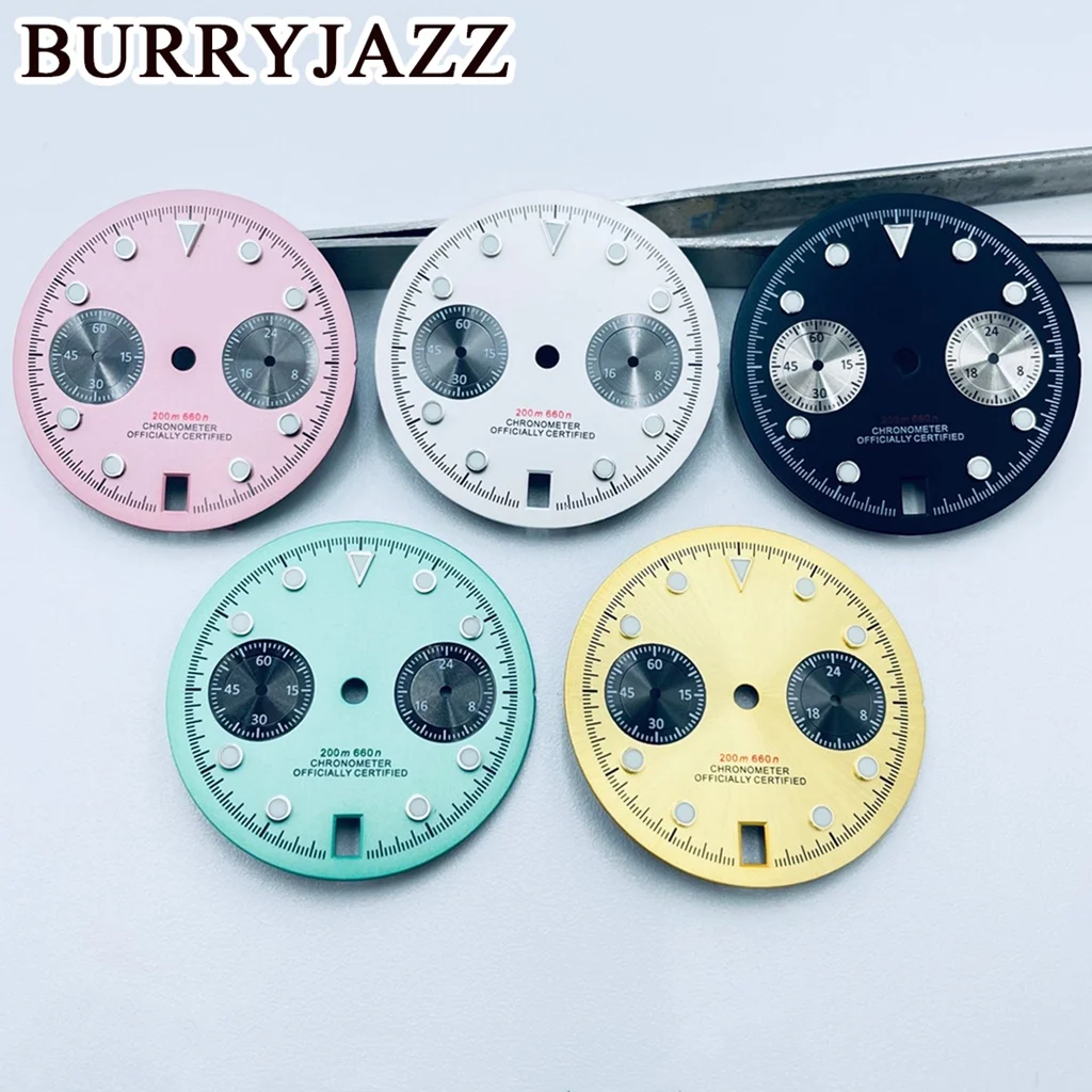 BURRYJAZZ 30mm Chronograph Dial Fit For VK63 VK63A Date At 6 O'clock Quartz Movement Watch Accessorie Panda Dial Green Luminous