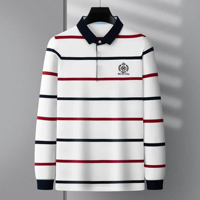 Embroidery Horse Polo Shirts for Men Business Casual Striped Long Sleeve Polo Winter Fashion Brand Men Clothing