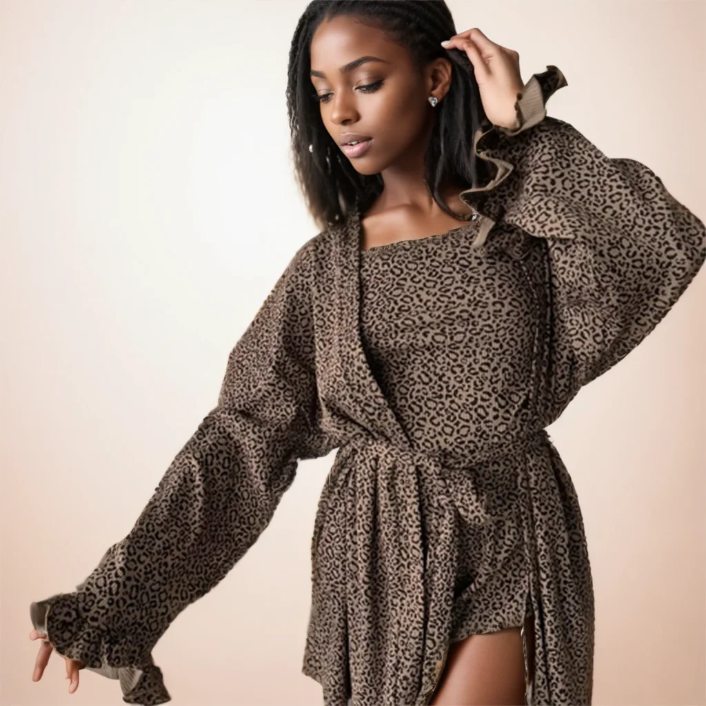 

Knit Fashion Leopard Print Loose Ruffled Long Sleeve Camisole Shorts Summer Pajamas Women's 3 Piece Set Homewear