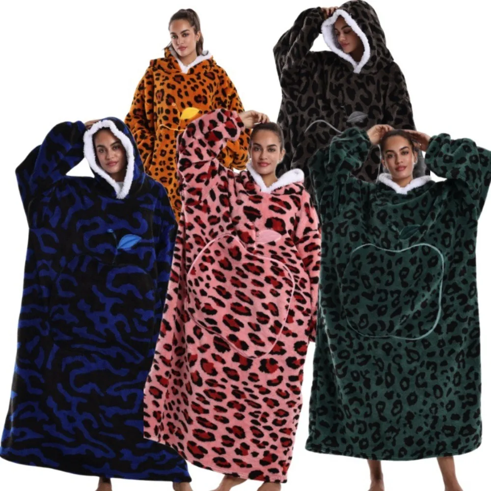 Leopard Wearable Blanket for Women Men Winter Homewear Pajamas Flannel Cold-proof Long Hoodies Oversized Giant TV Blanket