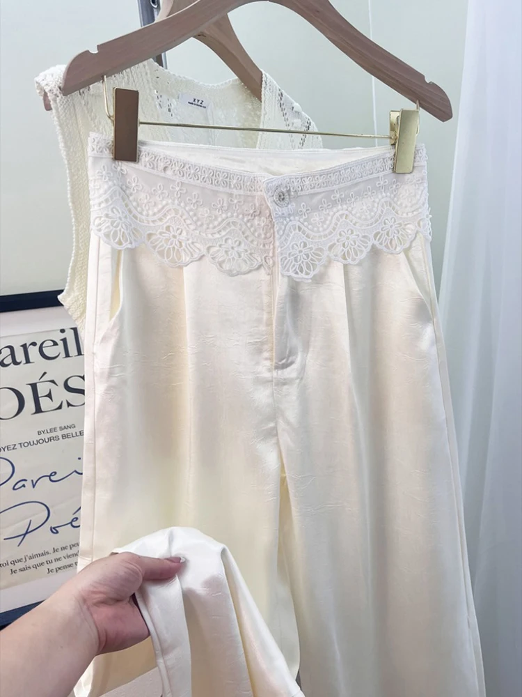 

Lace patchwork acetic acid satin wide leg pants women summer thin design high waist slimming straight leg casual pants