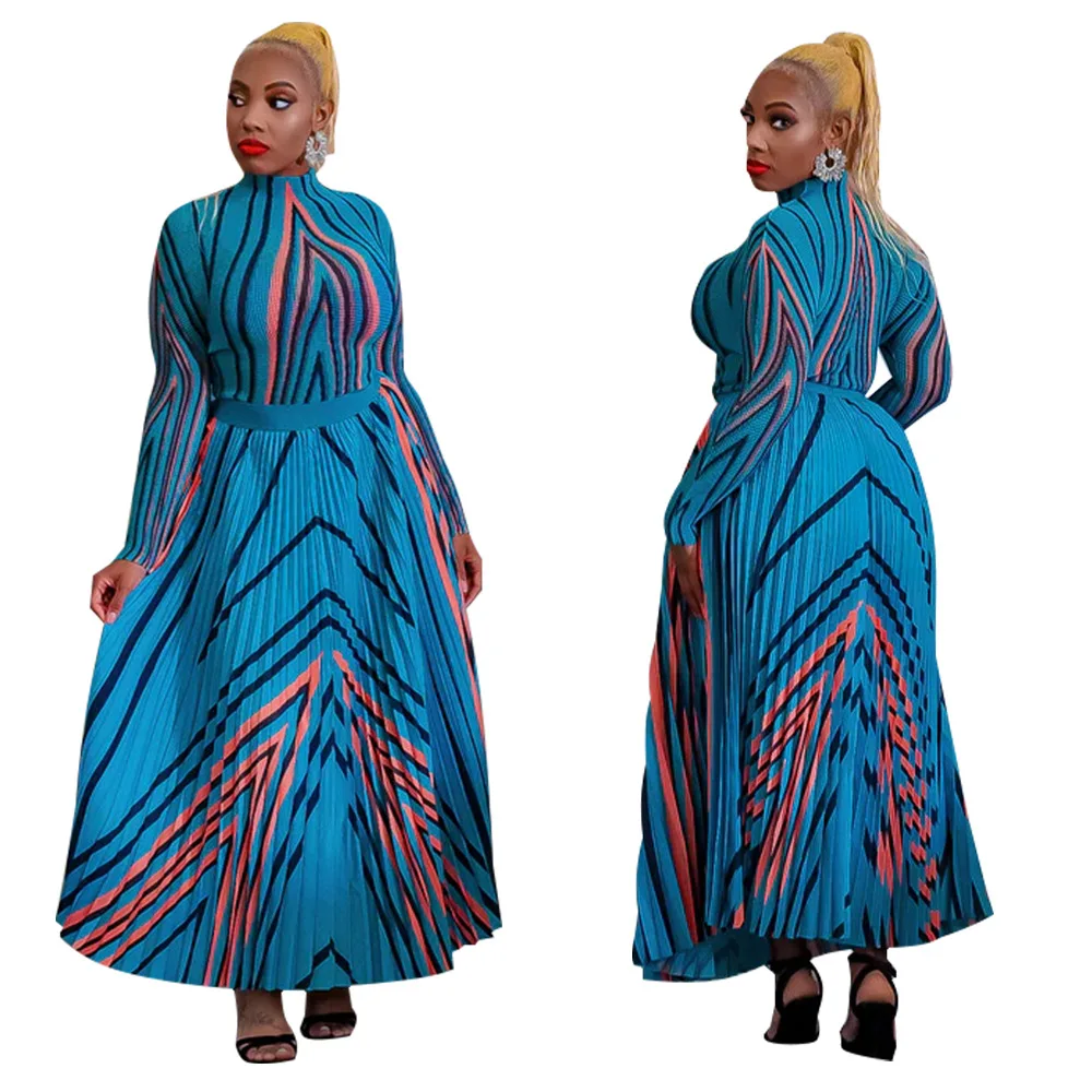 African Clothes for Women Spring Autumn African Women Long Sleeve O-neck Printing Polyester Two Pieces Sets Top and Skirt