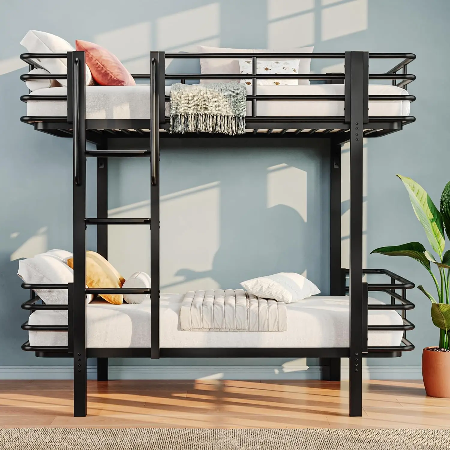 Twin Over Twin Heavy-Duty Metal Bunk Bed, comes with high guardrail and ladder featuring handrails & wide steps, Customized