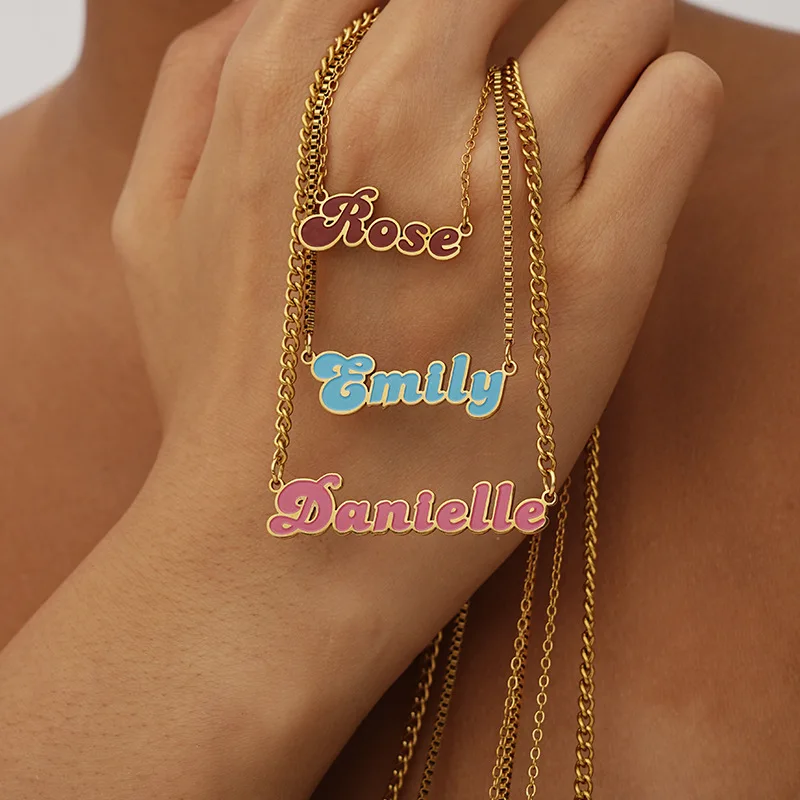 

Customized Fashionable Stainless Steel Cutting Colored Oil-dripping Craft Letter Necklace Personality English Name Pendant