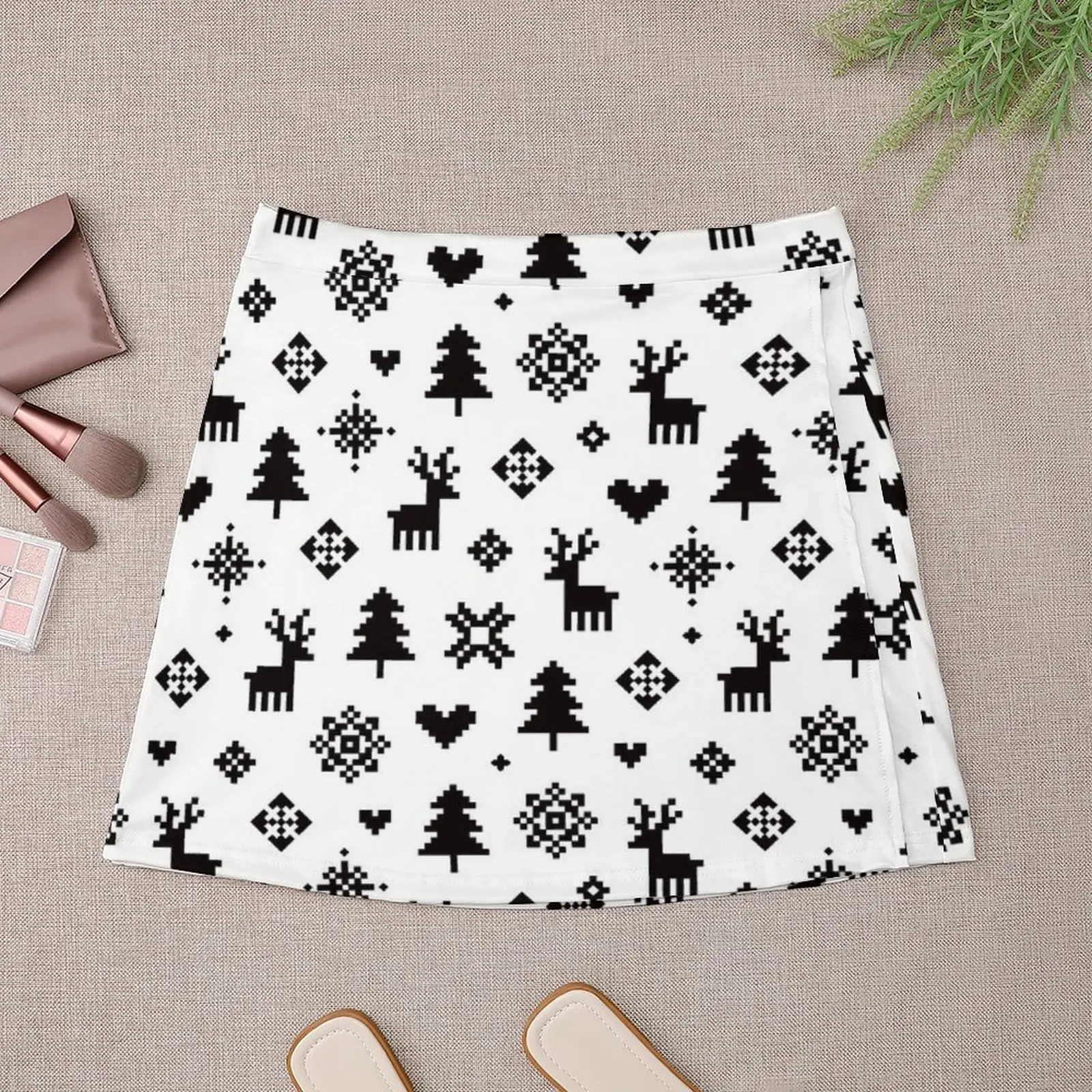 Pixel Pattern - Winter Forest - Black and White Mini Skirt 90s aesthetic women's skirts trend 2023