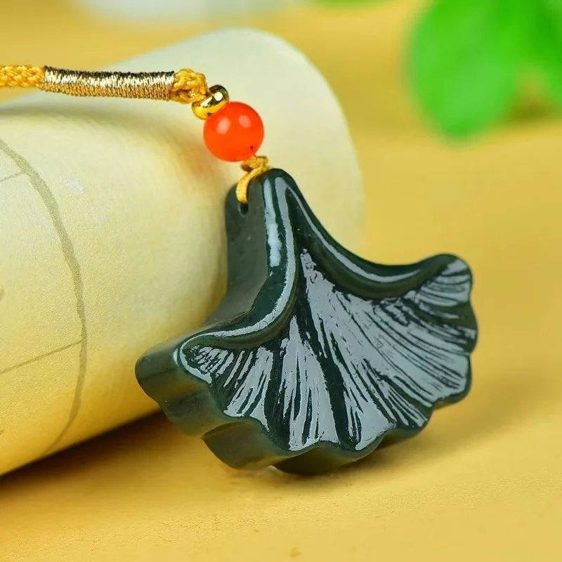 Natural Hetian Jade Sapphire Ginkgo Biloba Pendant Pendant Men's and Women's Ethnic Style