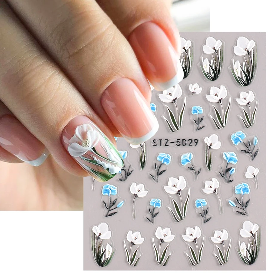 

5D White Acrylic Snowdrop Embossed Sticker Summer Lotus Flowers Tulip Lace Nail Art Design Charm Manicure Slider Decals STZ-5D30