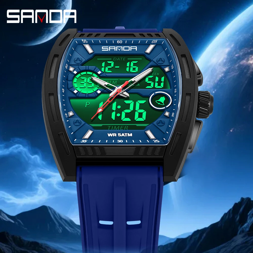 

SANDA Спортивные часы на открытом воздухе Мужские электронные кварцевые часы с двойным механизмом 5ATM Водонепроницаемые, светящиеся, сейсмические и устойчивые к падению