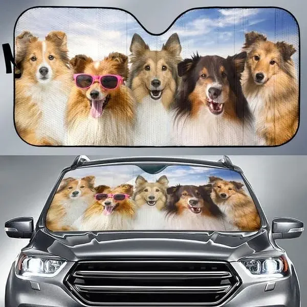 Funny Shetland Sheepdogs Blue Sky Pattern Car Sunshade, Shetland Sheepdogs Family Auto Sunshade for Car Decor, Car Windshield Du