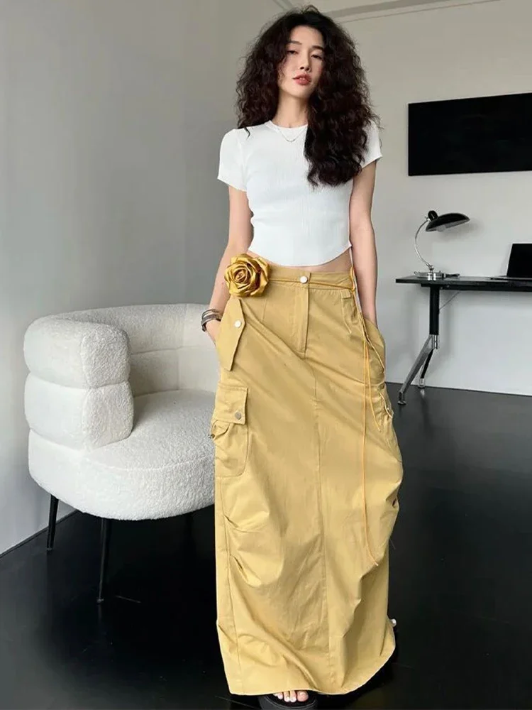 

2024 Summer New Arrival Big Pockets Vintage Skirts Korean Fashion Zipper Long Skirt Women Casual A- line High Waist Skirt